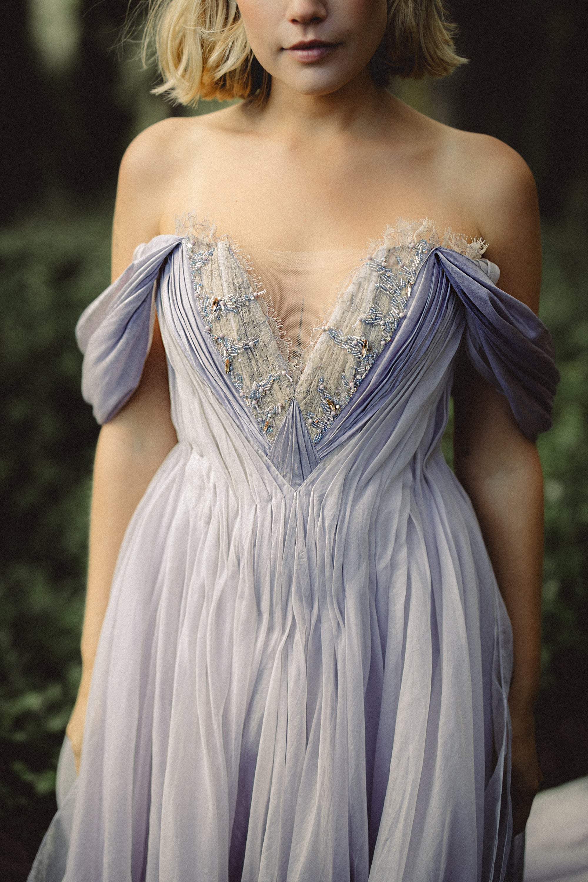 Silynne whimsical wedding dress front view with beaded lace corset, off-shoulder silk chiffon sleeves, and dusty lavender silk organza — MYWONY Bridal