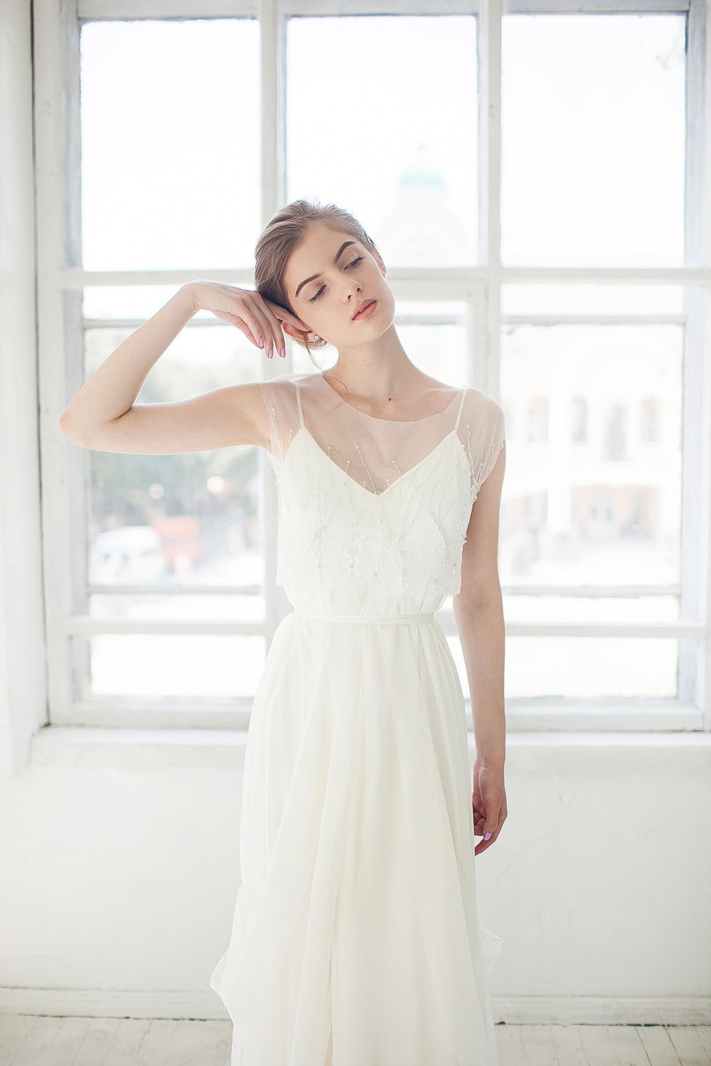 sheer chiffon wedding dress Short chiffon wedding dress with sleeves Evita