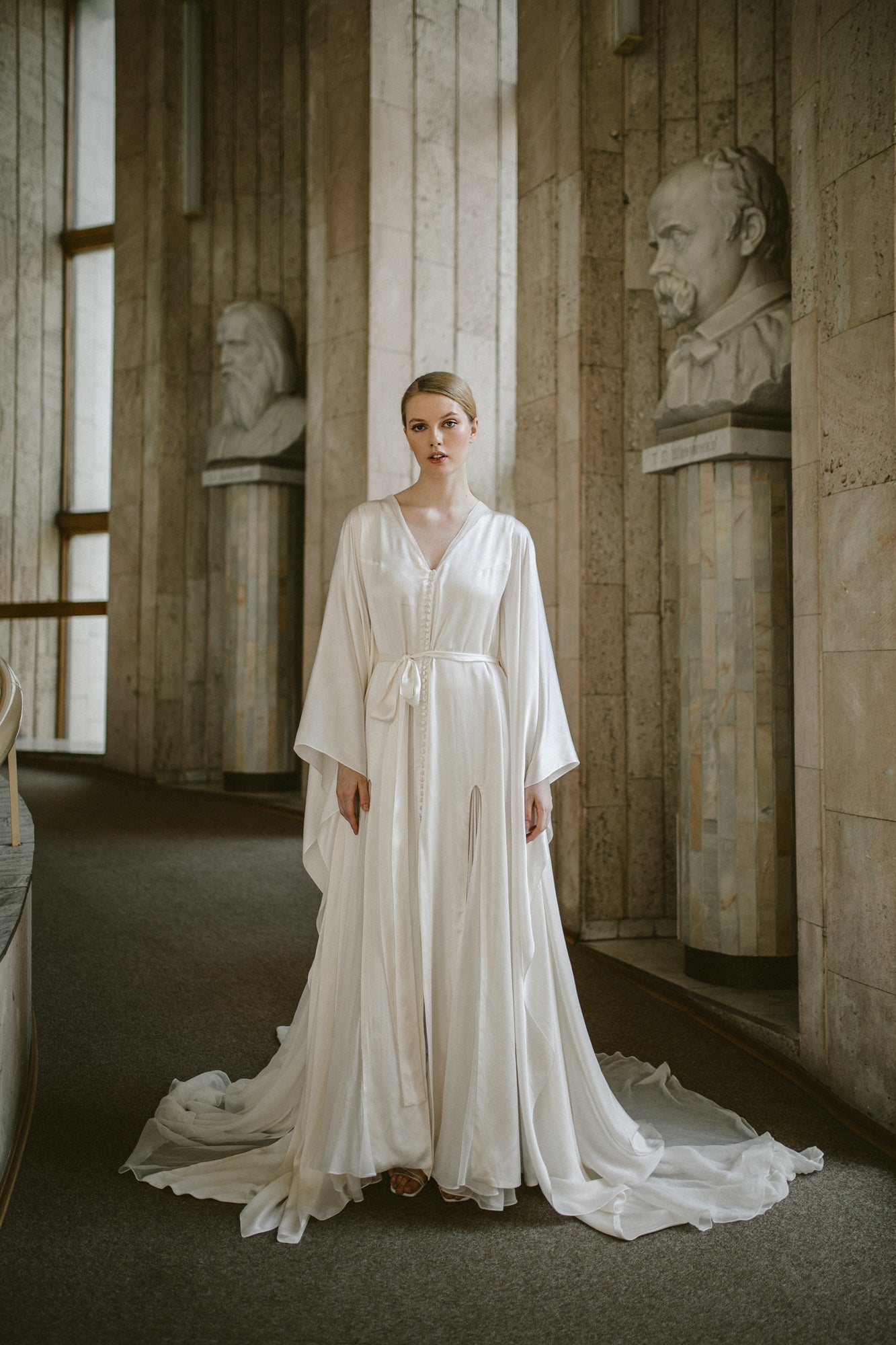 silk cream wedding dress Ivory V-Neck Long Sleeve Wedding Dresses Simple Wedding Dresses WD721 US16 / Custom Color