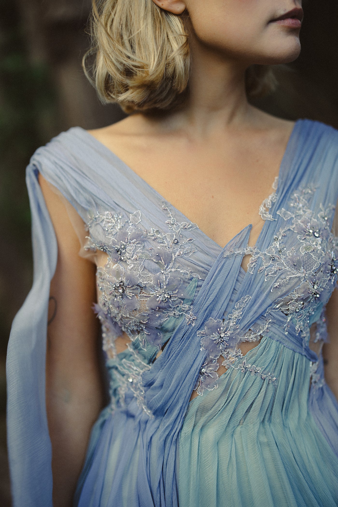 Hand-beaded lace bodice detail — Mýwony Aéliea