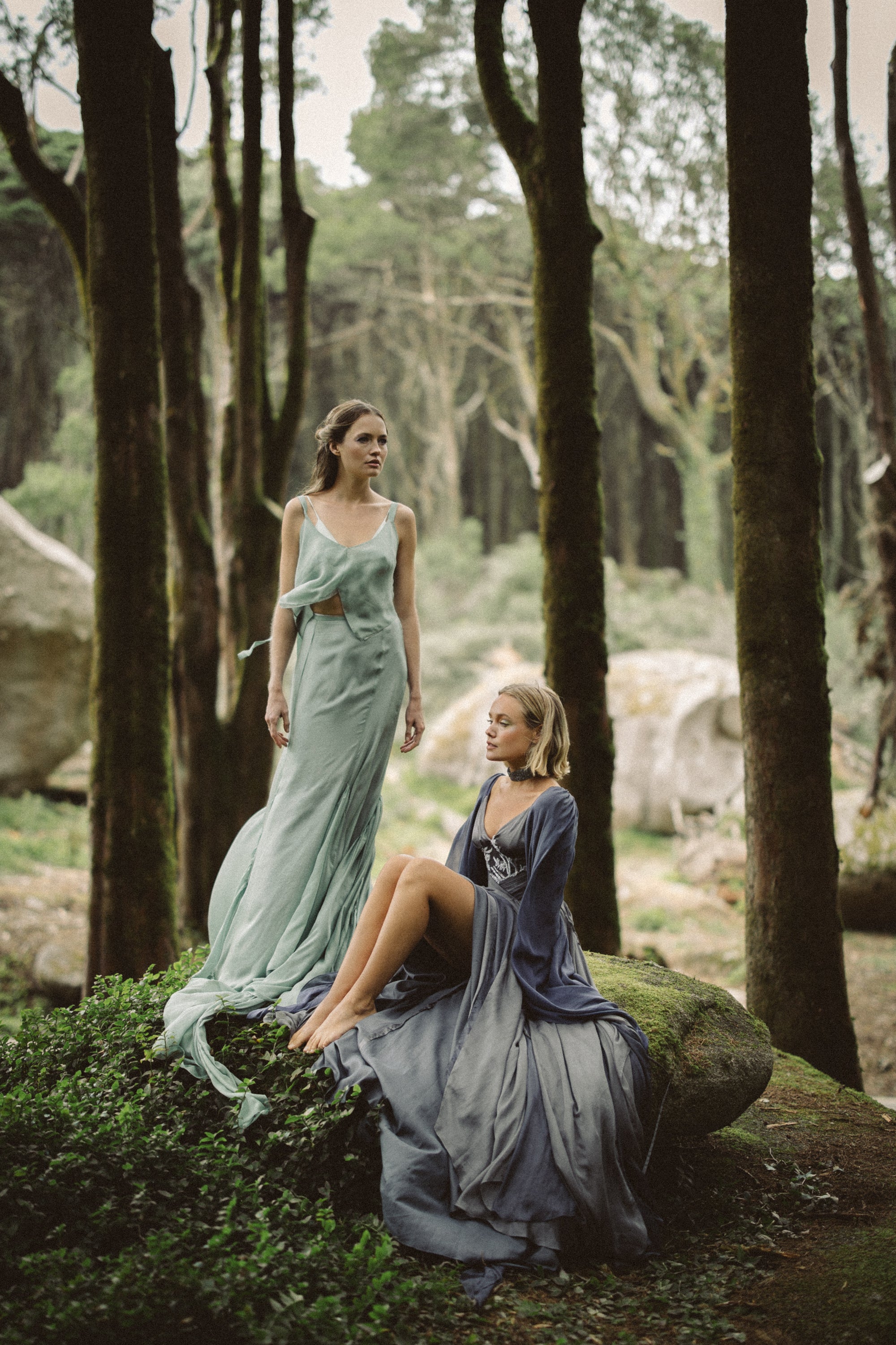 Miryelle Silk Top styled with Miryelle skirt by MYWONY, whimsical wedding separates in moss green silk chiffon, forest bridal portrait