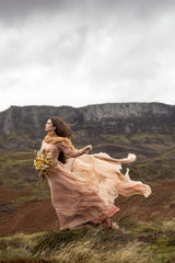 peach wedding dress with long sleeves and chiffon skirt, long train, ruffles, high collar