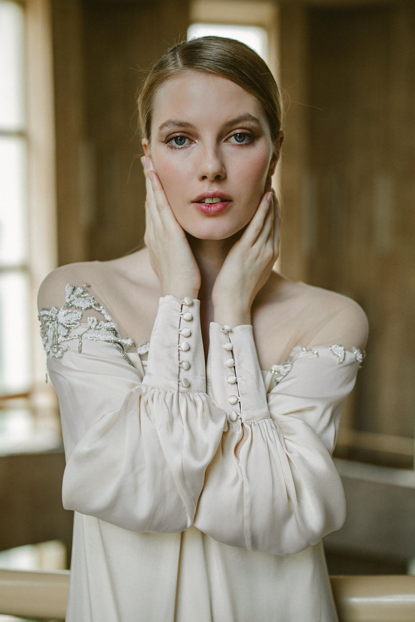 Sheath wedding dress for a petite body type — Mýwony Cressida in natural silk satin
